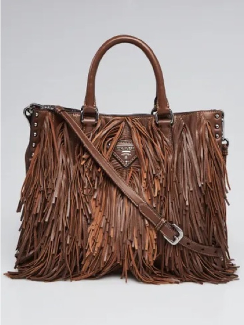 Prada large Brown Leather Fringe tote with Shoulder Strap studs - Picture 1 of 12